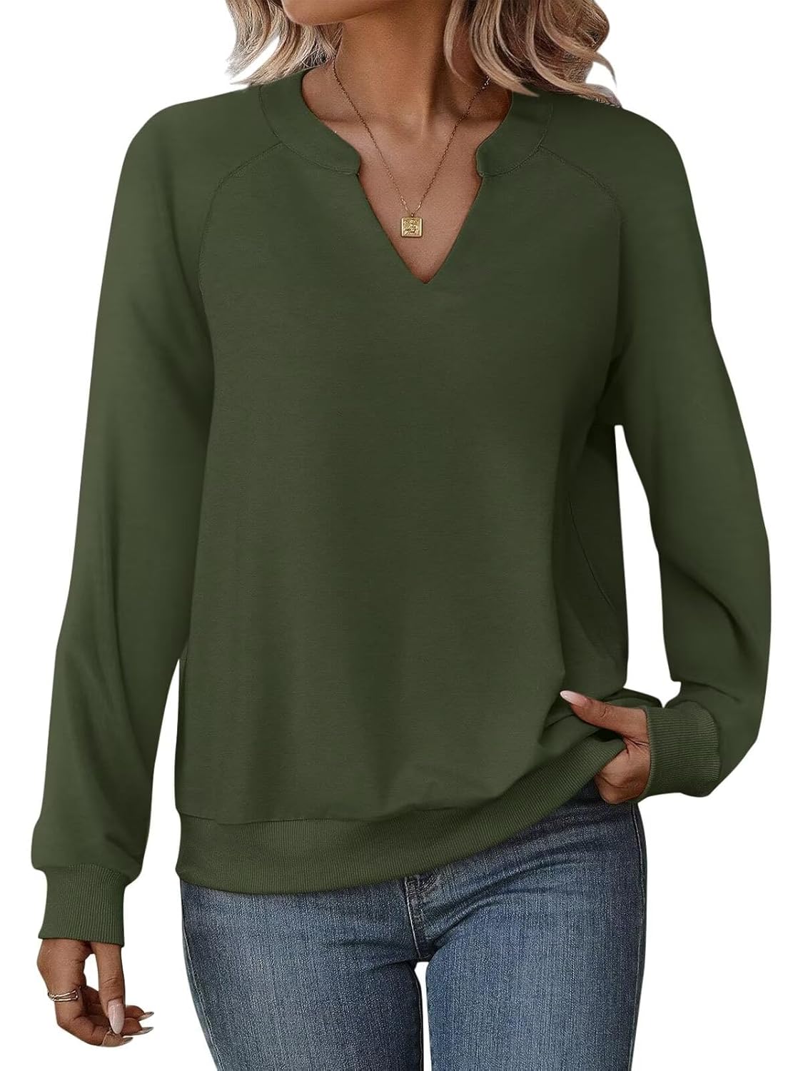 EADINVE Women Casual Long Sleeve V Neck Sweatshirts Cute Loose Fit Lightweight Pullover Tops