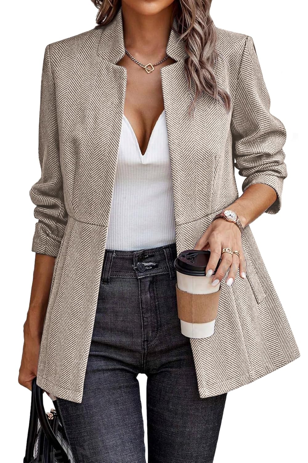 ELLEVEN Women’s Open Front Herringbone Blazer-Business Casual Long Sleeve Work Jacket with Full Lining and Padded Shoulders