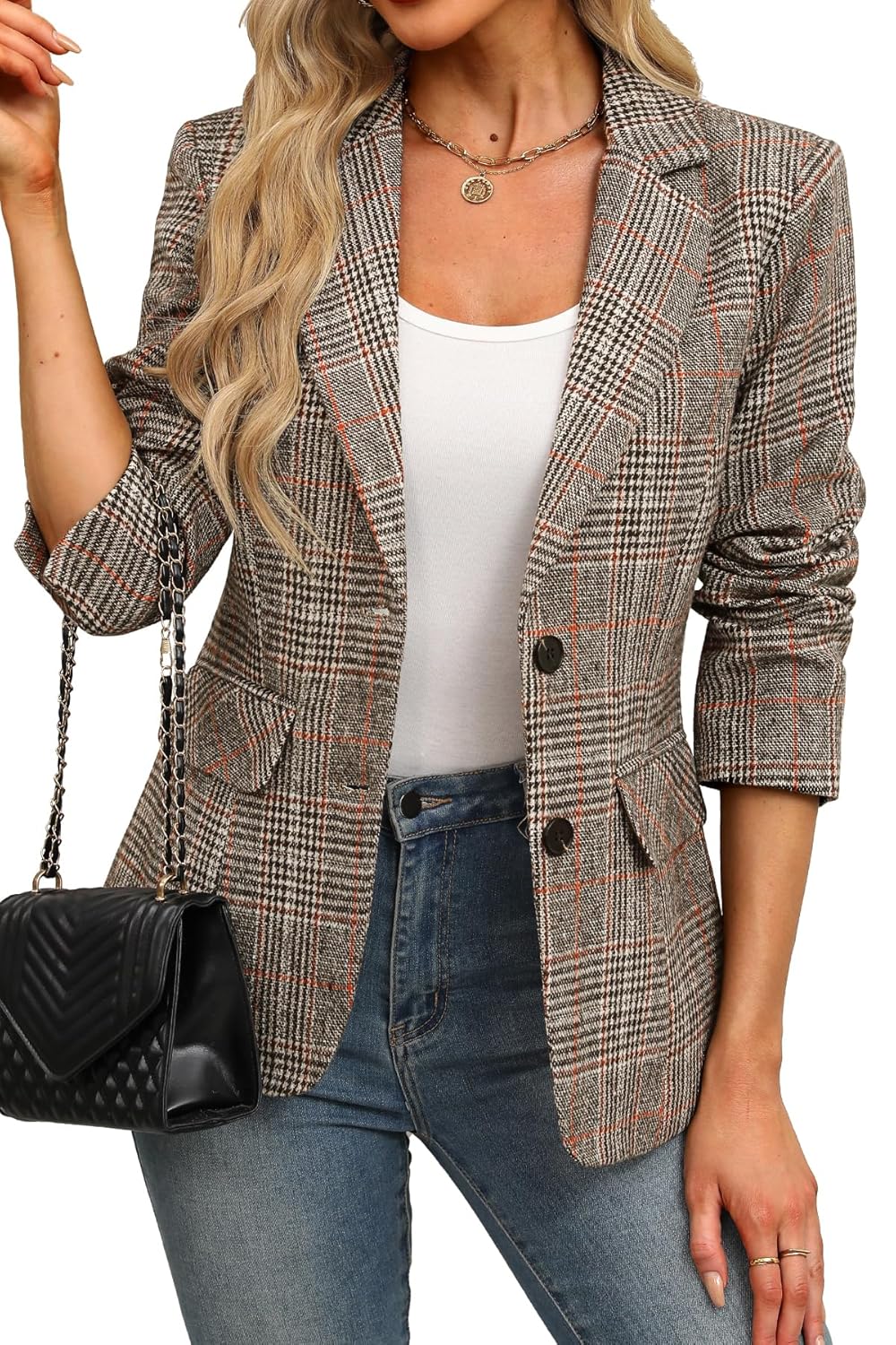 ELLEVEN Women’s Lapel Collar Plaid 2 Button Boyfriend Blazer Suit Houndstooth Work Office Blazer Jacket