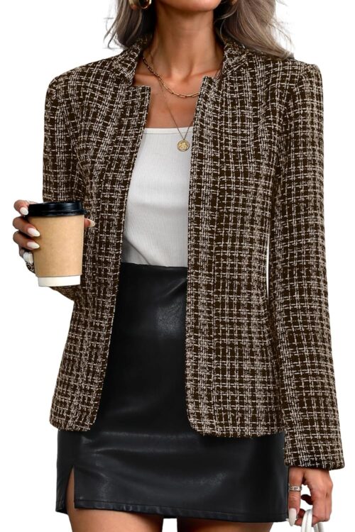 ELLEVEN Womens' Tweed Blazer Long Sleeve Jacket Notch Collar Fully Lined Casual Business Trendy Elegant Work Office Coat