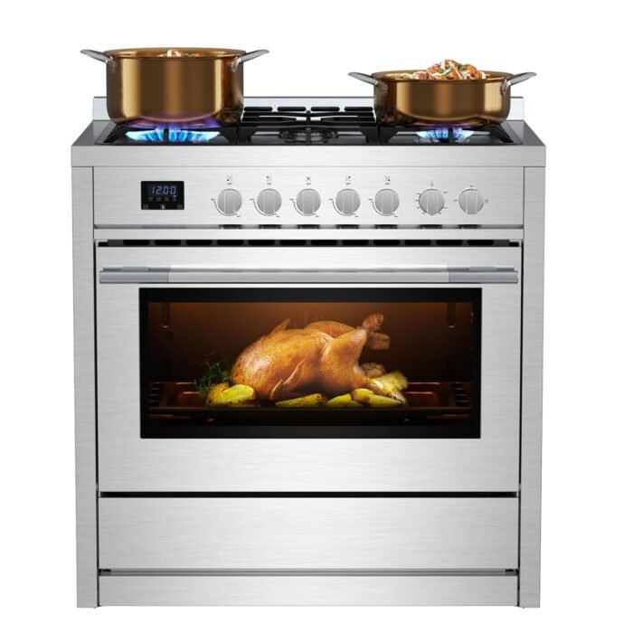 Empava Gas Range, 4.3 Cu. Ft Convection Oven with Touch Timer, 5 Deep Recessed Burners Cooktop, Heavy Duty Continuous Grates in Stainless Steel, Freestanding & Slide-in Stove,36...