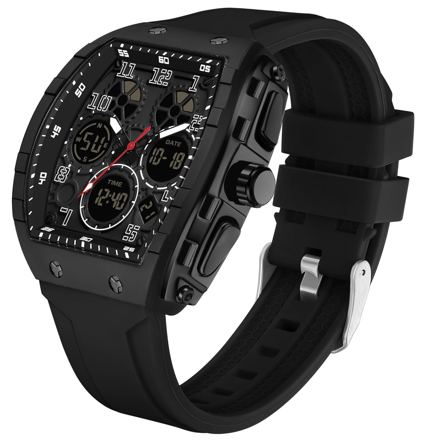 findtime Mens Watches Unique Watches for Men Digital Waterproof Watch Sports Alarm Stopwatch Tonneau Design Punk Analog Wrist Watch Calendar Dual Time Display Silicone Band