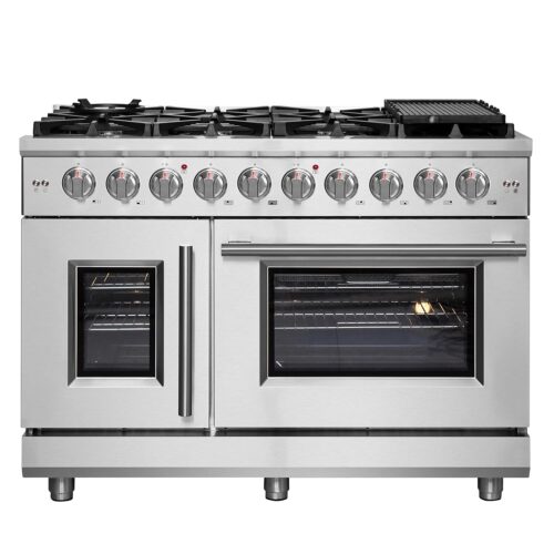 Forno 48-inch French Door Gas Range with 1 Sealed Dual-Ring Brass Burner 20K BTU - 4.32 Cu.Ft Convection Fan Oven 30,000 BTU - Modern Design Kitchen Range with Air Fryer Basket,...