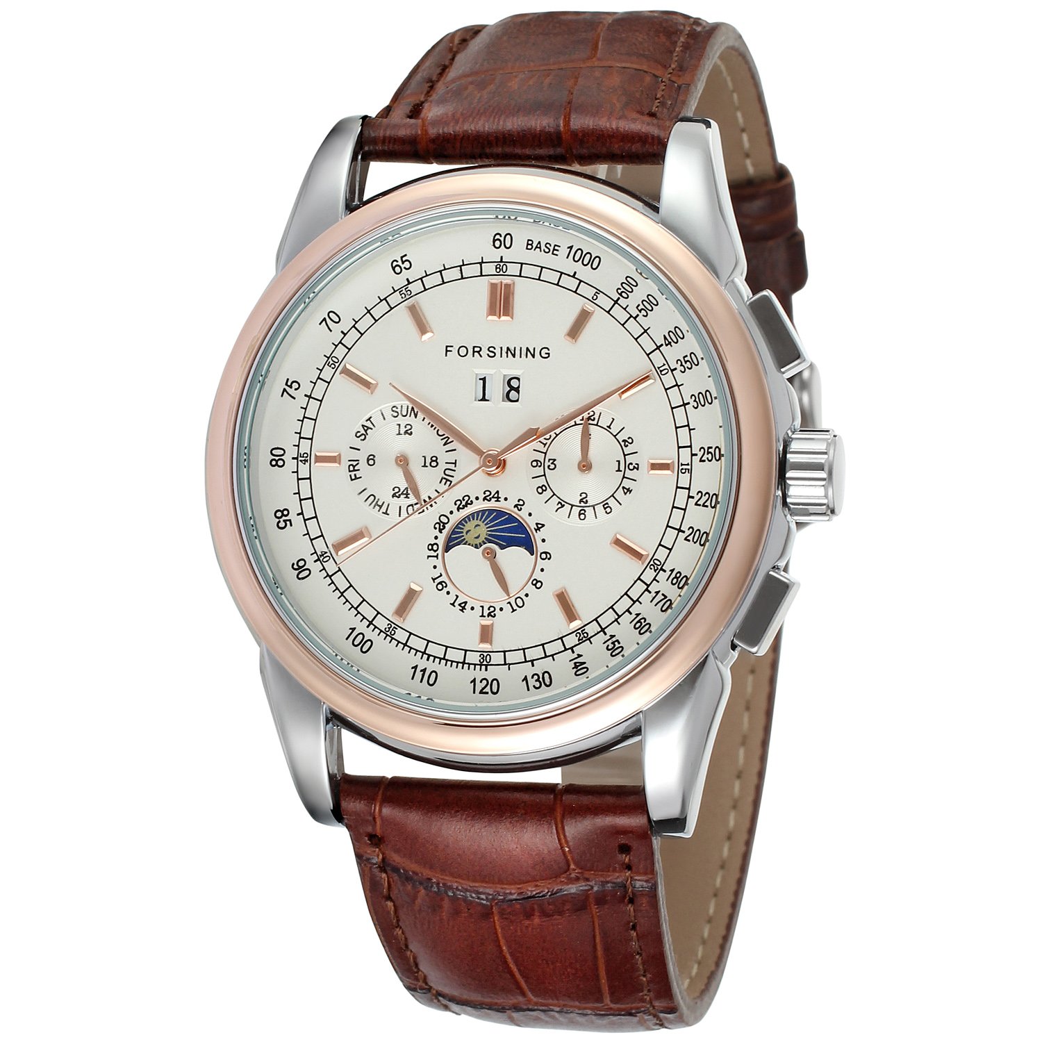 FORSINING Men’s High Grade Automatic Round Silver Color Dial Men Watch with Brown Genuine Leather Strap