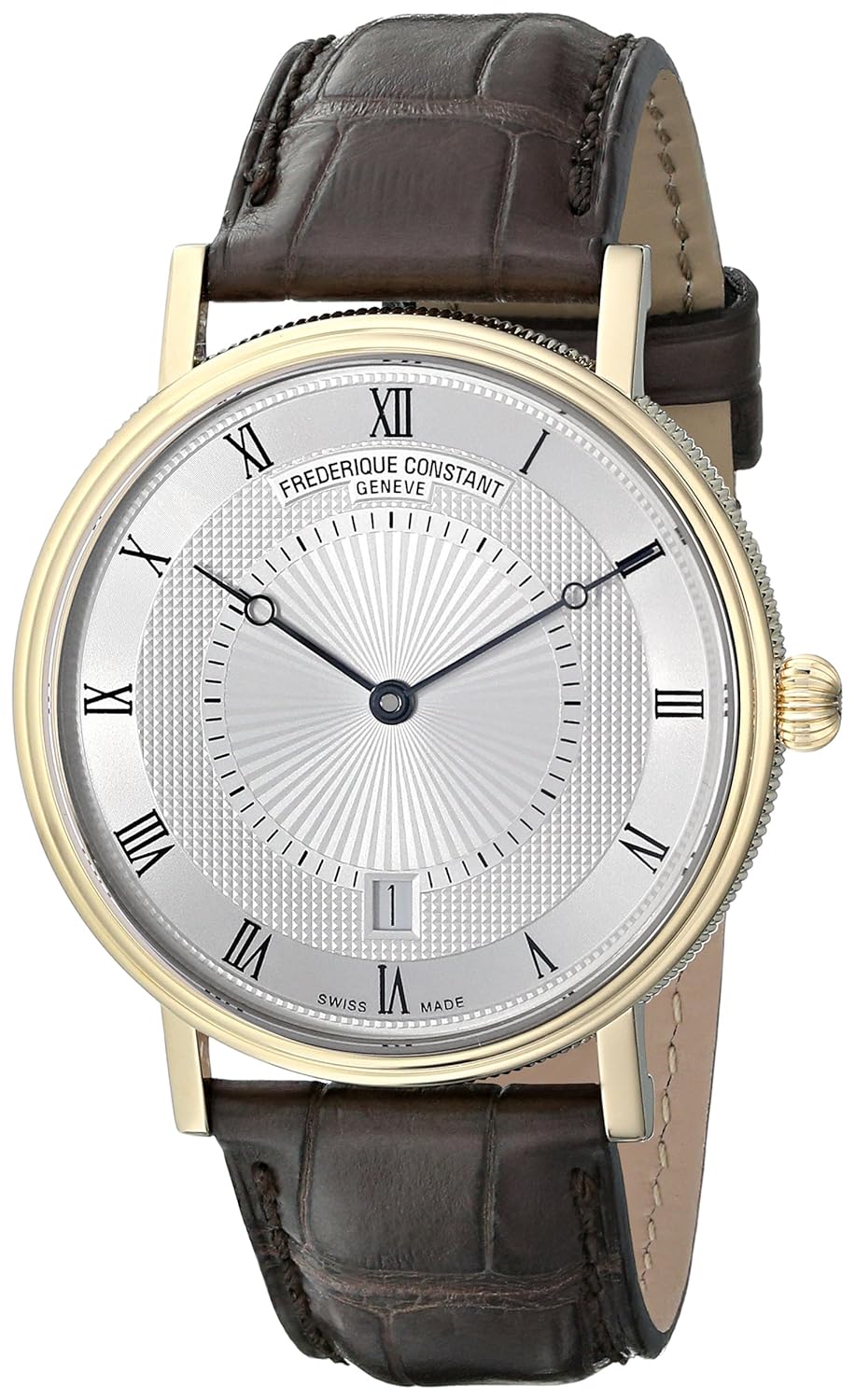 Frederique Constant Men’s Slim Line Gold-Tone Stainless Steel Swiss Automatic Watch with Silver Dial and Brown Leather Band FC-306MC4S35