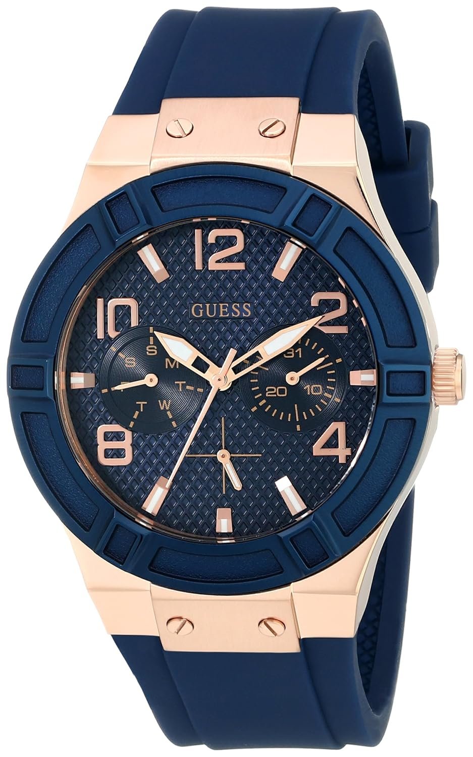 GUESS Women’s Rose Gold-Tone Dial with Iconic Blue Stain Resistant Silicone Strap (Model: U0571L1)