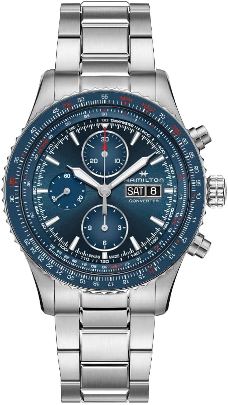 Hamilton Watch Khaki Aviation Converter Auto Chrono | Swiss Made | 44mm Stainless Steel Case | Blue Dial Analog Watch | Silver Stainless Steel Bracelet (Model: H76746140)
