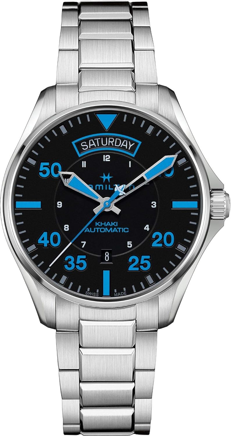 Hamilton Watch Khaki Aviation Pilot Day-Date – Air Zermatt Auto | Swiss Made | 42mm Stainless Steel Case | Black Dial Analog Watch | Silver Stainless Steel Bracelet (Model:…