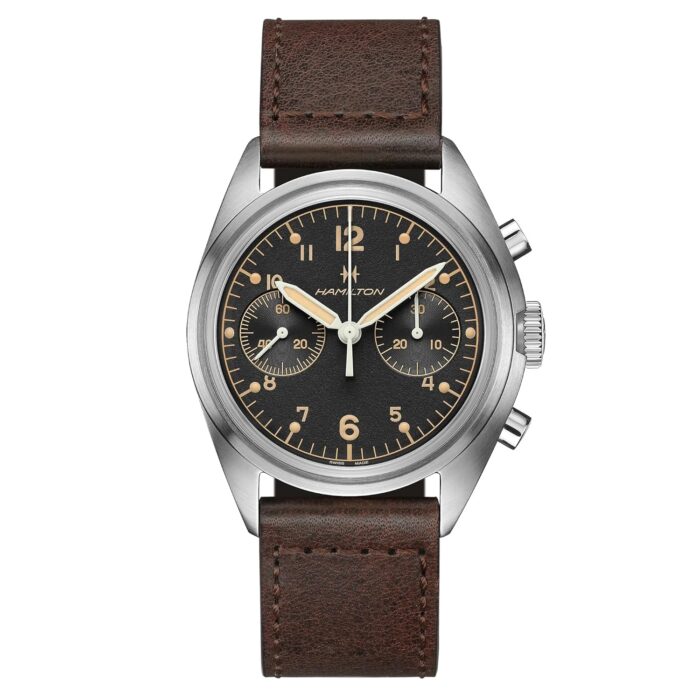 Hamilton Watch Khaki Aviation Pilot Pioneer Mechanical Chrono | Swiss Made | 40mm Stainless Steel Case | Black Dial Analog Watch | Brown Leather Strap (Model: H76409530)