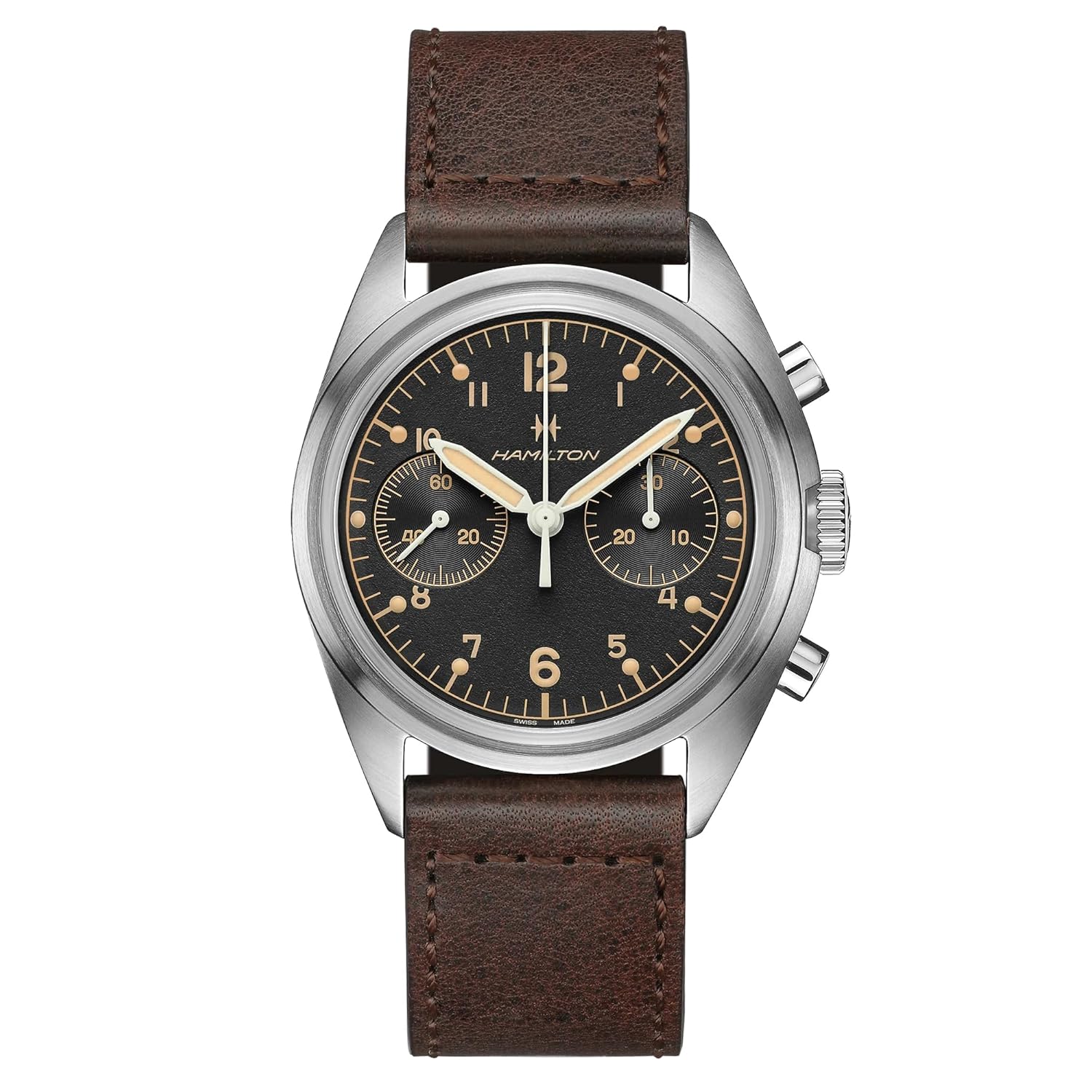 Hamilton Watch Khaki Aviation Pilot Pioneer Mechanical Chrono | Swiss Made | 40mm Stainless Steel Case | Black Dial Analog Watch | Brown Leather Strap (Model: H76409530)