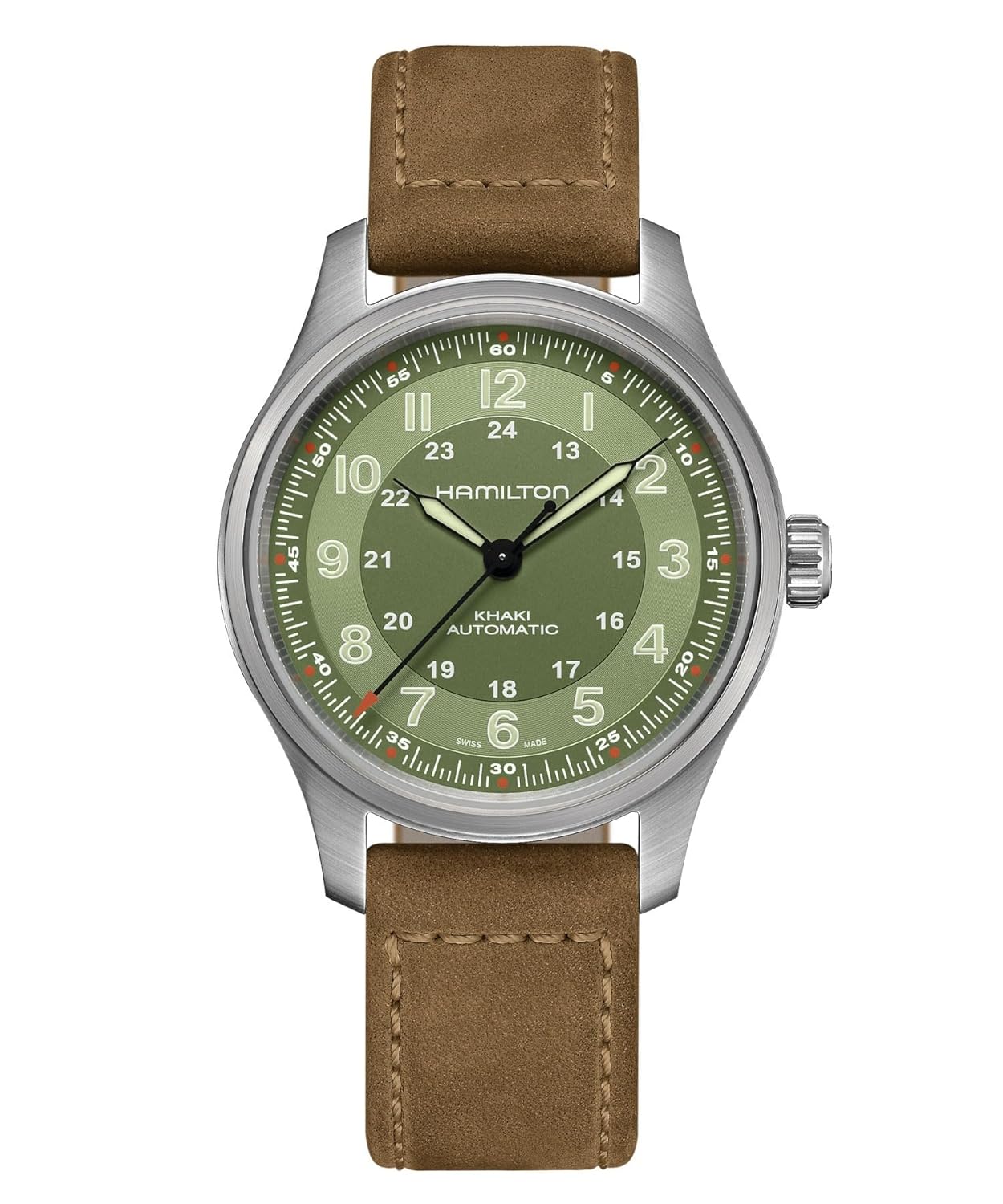 Hamilton Watch Khaki Field Titanium Auto | Swiss Made | 42mm Titanium Case | Green Dial Analog Watch | Brown Leather Strap (Model: H70545560)