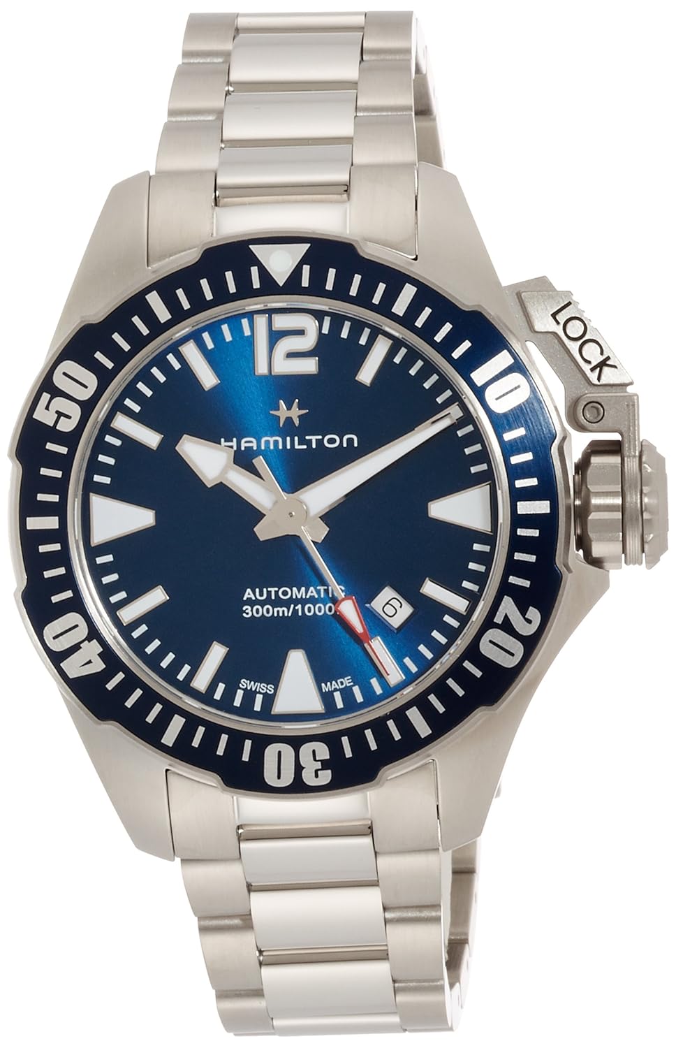 Hamilton Watch Khaki Navy Frogman Auto | Swiss Made | 42mm Stainless Steel Case | Blue Dial Analog Watch | Silver Stainless Steel Bracelet (Model: H77705145)
