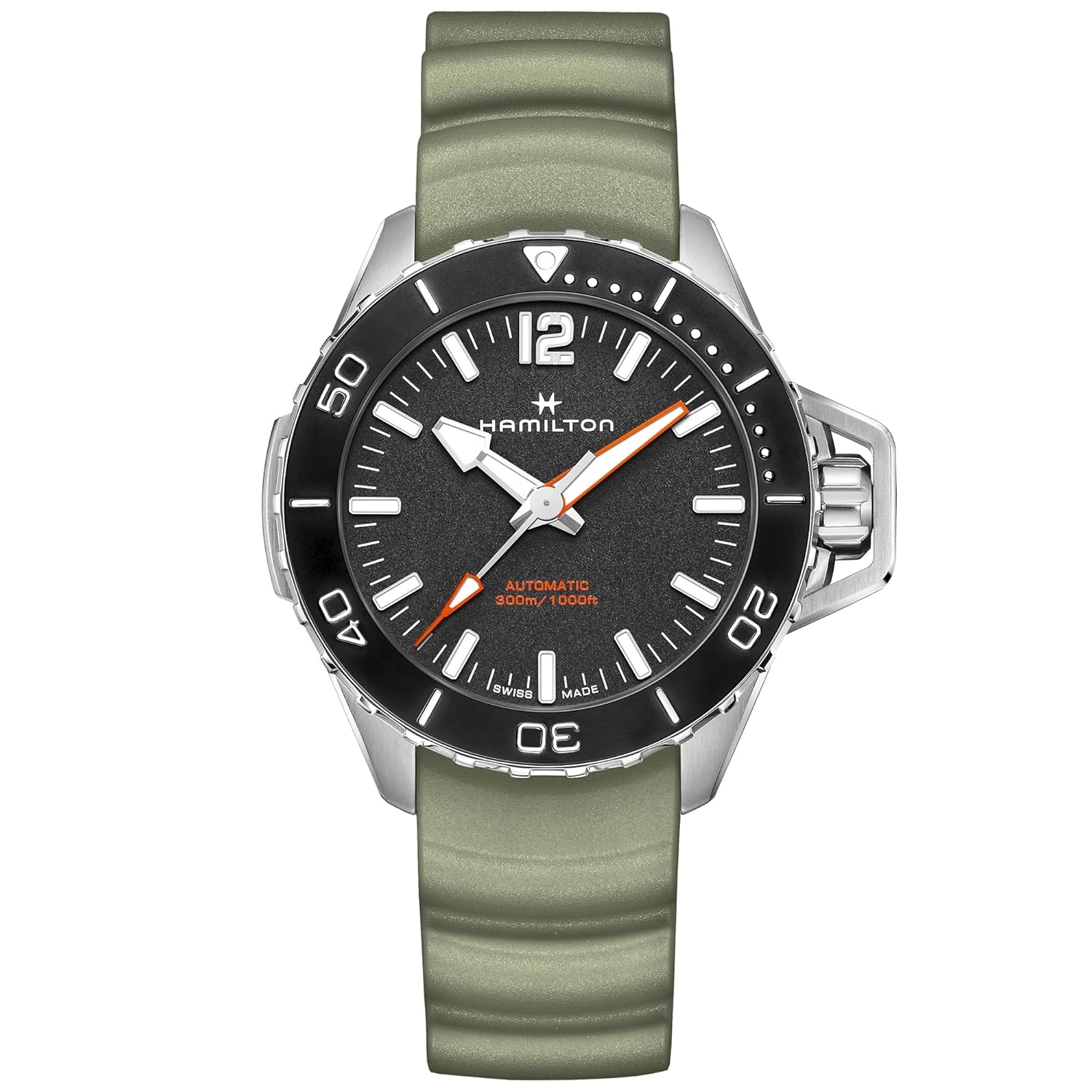 Hamilton Watch Khaki Navy Frogman Auto | Swiss Made | 46mm Stainless Steel Case | Black Dial Analog Watch | Green Rubber Strap (Model: H77825331)