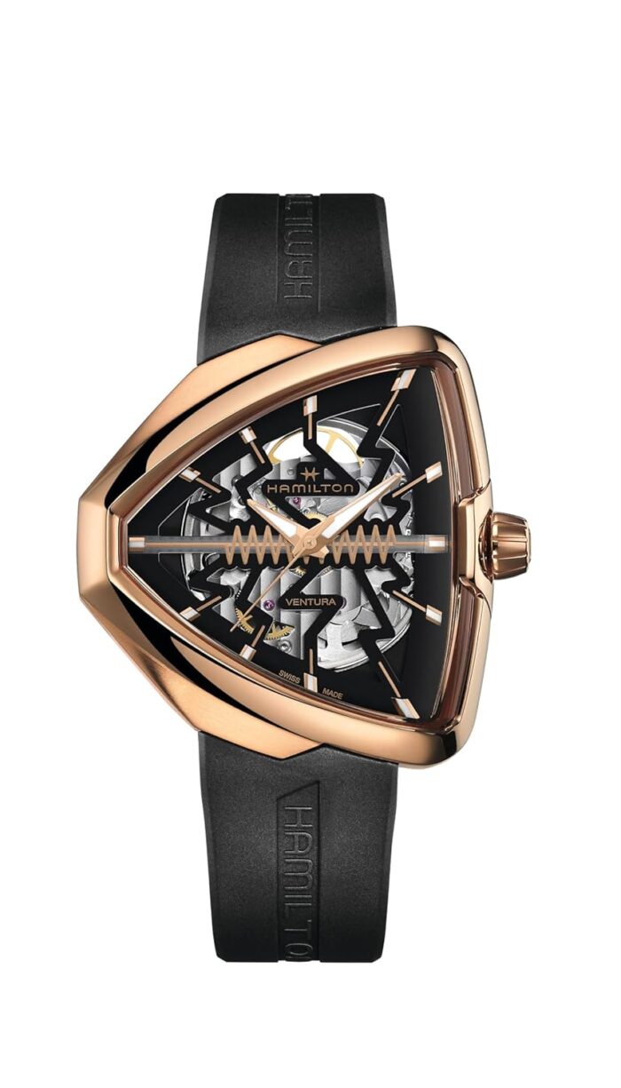 Hamilton Watch Ventura Elvis80 Skeleton Auto | Swiss Made | 42.5mm x 44.6mm Stainless Steel Case | Black Dial Analog Watch | Black Rubber Strap (Model: H24525331)