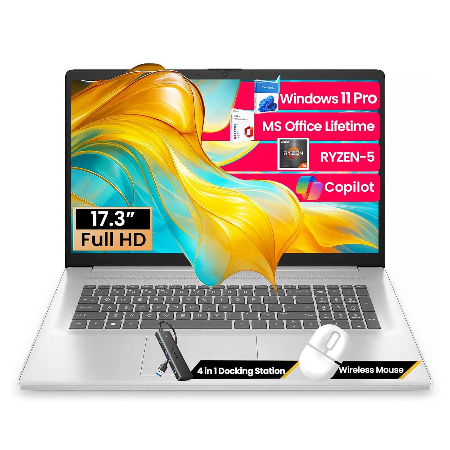 HP 17 inch Laptop for Business and Students, 17.3″ FHD, AMD Ryzen 5 (Beats i7-1165G7), W/Copilot, Ms Office Pro, Wins 11 Pro, Numeric Keypad, WiFi 6 (64GB RAM | 2TB SSD)