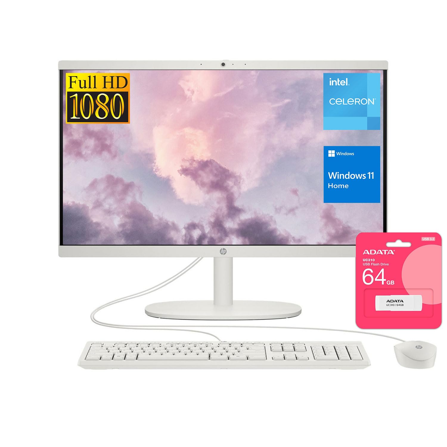 HP Premium All-in-One Desktop, 21.5″ FHD Display, Intel Celeron J4025, 16GB RAM, 1TB SSD, Webcam, HDMI, Wi-Fi 6, Wired KB & Mouse, Windows 11 Home, White, Bundle with UC310 64GB…