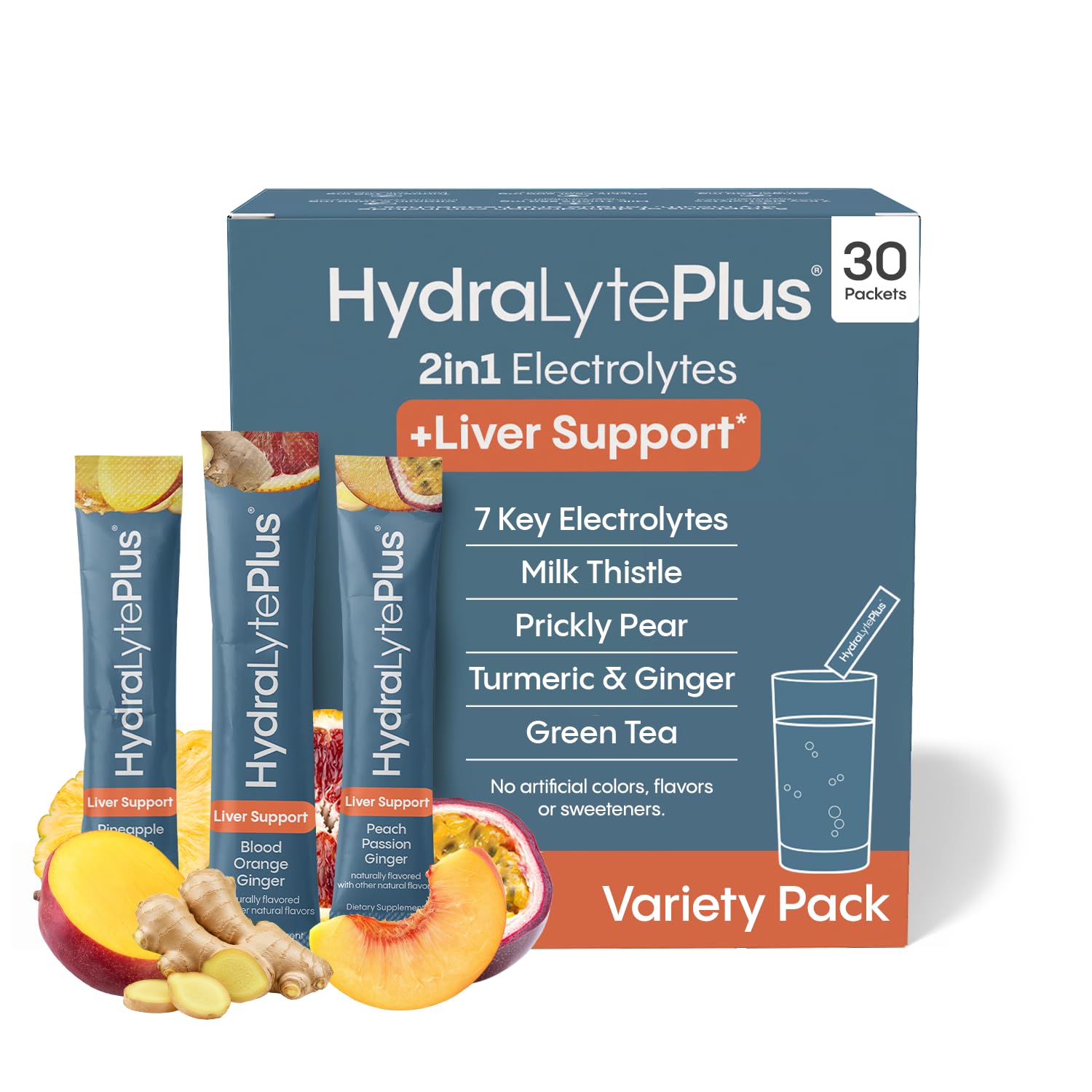 Hydralyte Liver Support + Electrolyte Mix with Milk Thistle, Turmeric, Ginger, Prickly Pear, Green Tea Extract Formulated for Rapid Rehydration (Variety Flavor, 30 Packets)