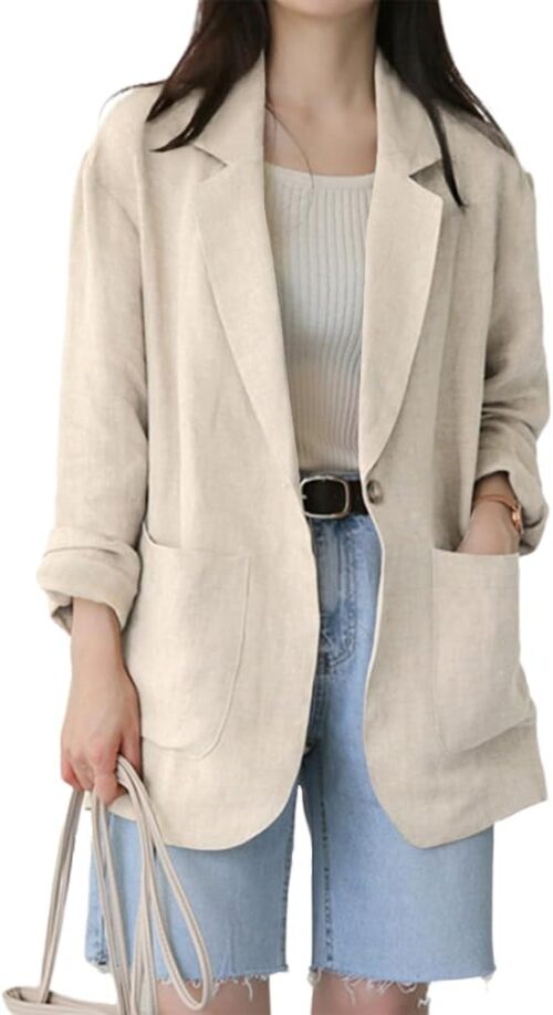 IDEALSANXUN Womens Linen Blazer Casual Long Sleeve Lightweight Spring Summer Jackets