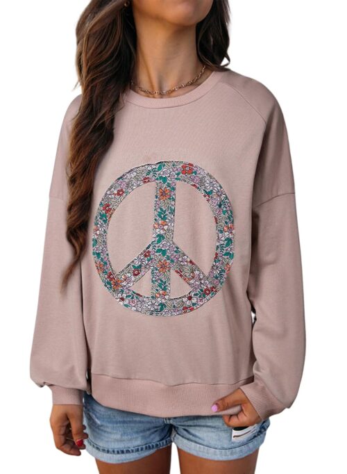 KevaMolly Womens Long Sleeve Tops Floral Peace Symbol Drop Shoulder Sweatshirt Crewneck Casual Pullover Top