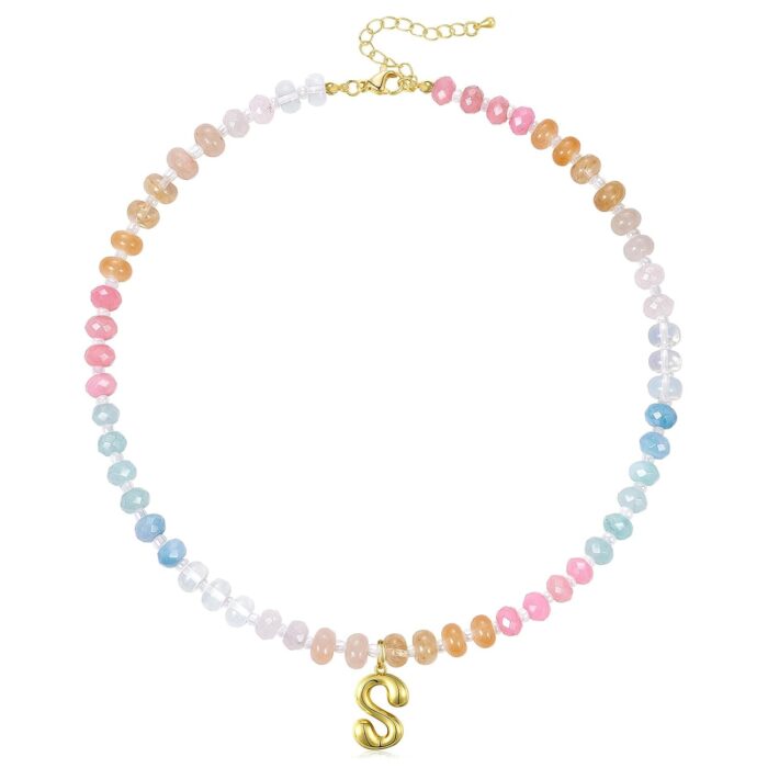 KissYan Initial Necklaces for Women, Colorful Beaded Gemstone Choker 14K Gold Bubble Letter Pendant Necklace Natural Stone Summer Beach Handmade Jewelry Gift