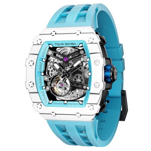 Men's Automatic Watch Tonneau Luxury Skeleton Watches for Men Mechanical 50M Waterproof Analogue Watches Mens Unique Cool Square Big Face Dial Wristwatch with Silicone Strap Band