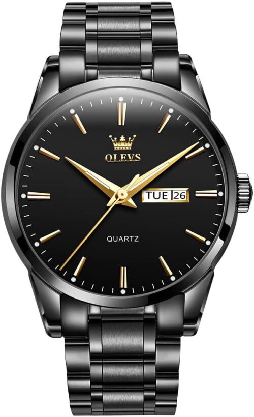 Men's Casual Stainless Steel Watch, Big Face Easy to Read Analog Quartz Watch with Day and Date, Classic Waterproof Diamond Roman Arabic Numerals Dial Dress Watch for Men, Gold...