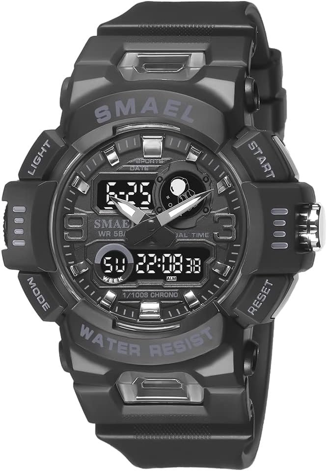 Men’s Dual Display Sport Quartz Watch Strong Rubber Strap and LED Digital Analog Wristwatches Waterproof Electronic Clock 8063