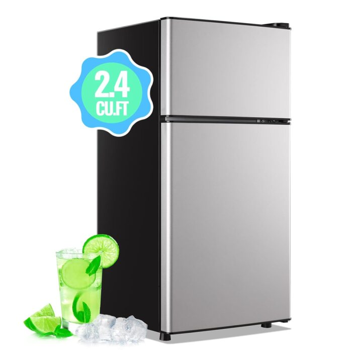 Mini Fridge with Freezer, 2.4 Cu.Ft Personal Refrigerator Only for One Person Use, Silver Tiny Small Size Refrigerator with 7 Level Adjustable Temperature and Double Door