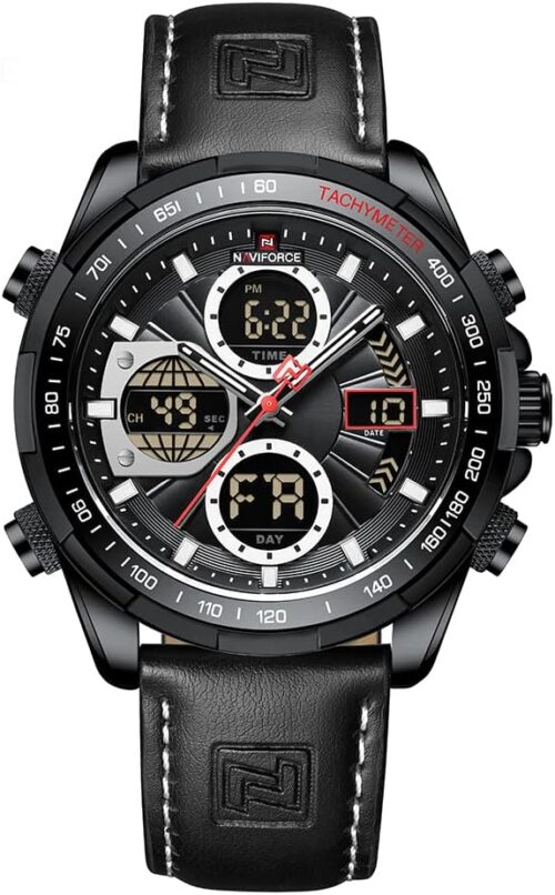 NAVIFORCE Men's Military Digital Watches Analog Quartz Waterproof Watch Sport Multifunctional Leather Wristwatch
