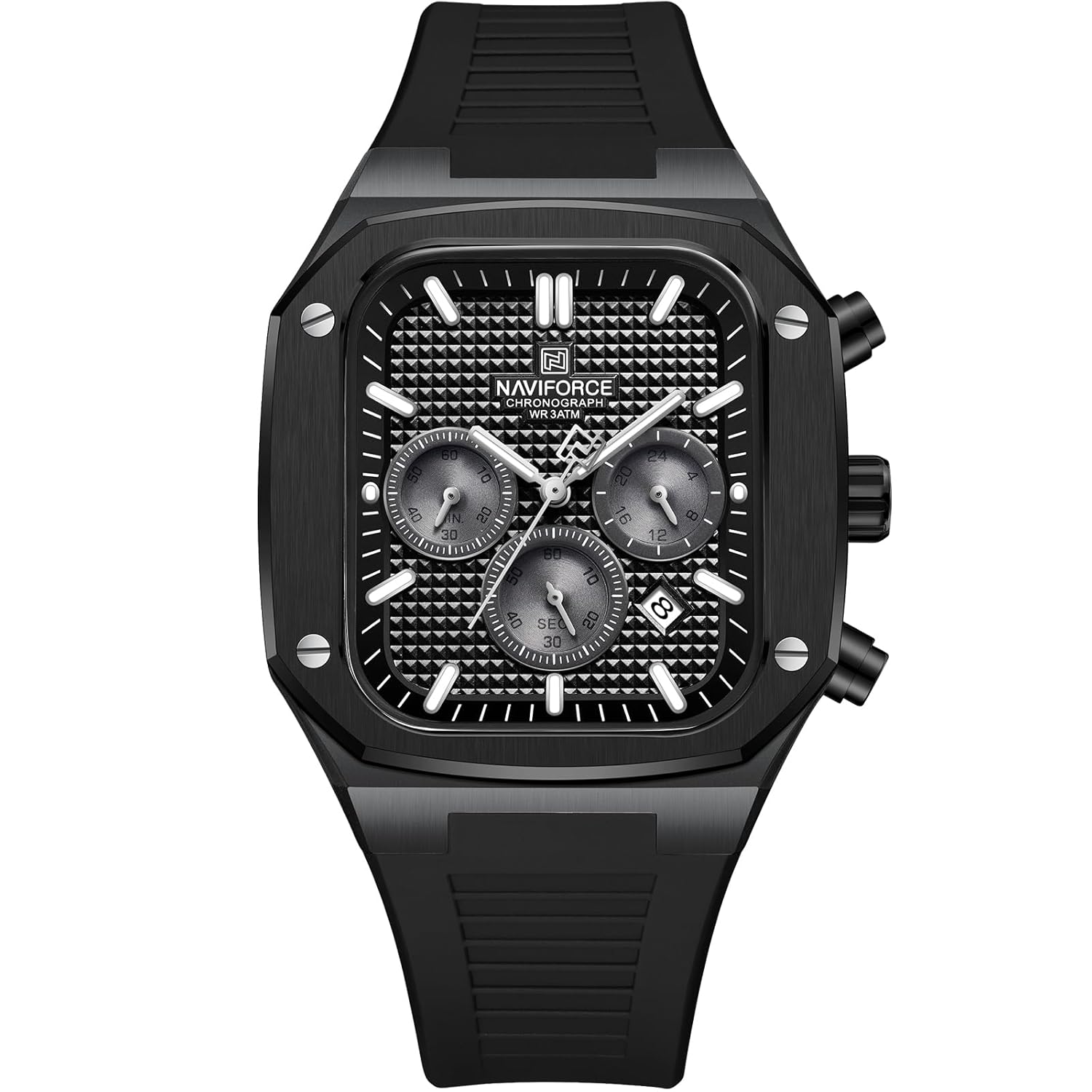 NAVIFORCE Mens Square Watches,Chronograph Analog Calendar Wrist Watch,Quartz Waterproof Watches for Men,Silicone Band