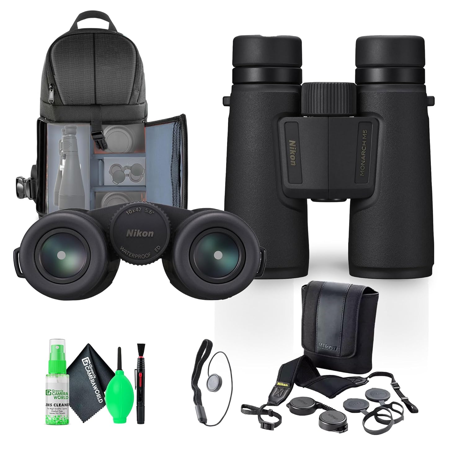 Nikon 10×42 Monarch M5 Roof Prism Waterproof, Fogproof Binoculars (Black) (16768) + Sling Backpack + Cleaning Kit + Lens Cap