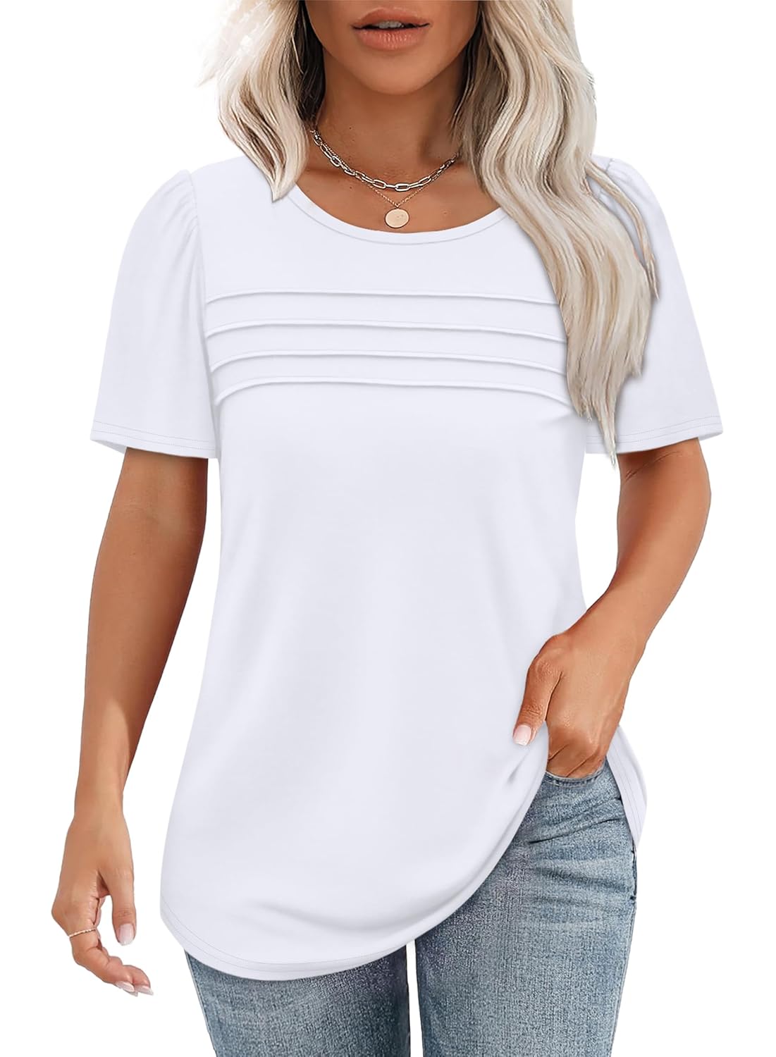 OFEEFAN Womens T Shirts Short Sleeve Tops Dressy Casual Blouses Spring Summer Outfits Flowy Pleated Front Scooped Neck