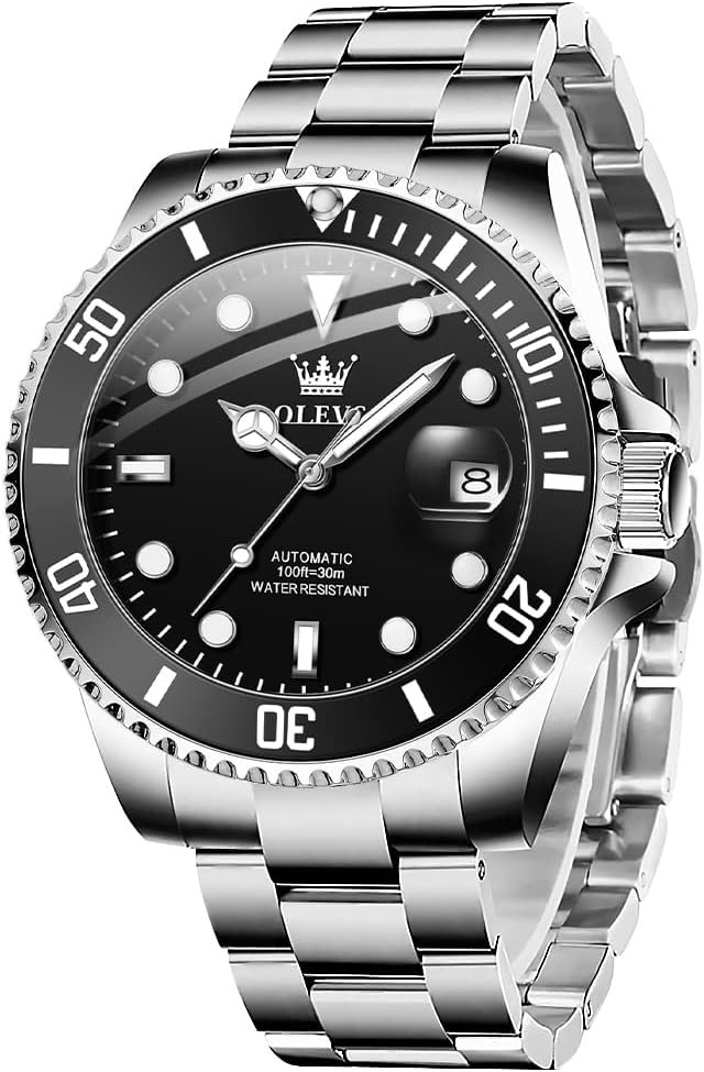 OLEVS Automatic Watch for Men, Big Face Business Casual Men’s Self Winding Watch with Date, Classic Rotatable Bezel Luminous Waterproof Dress Watch for Men, Stainless Steel Band
