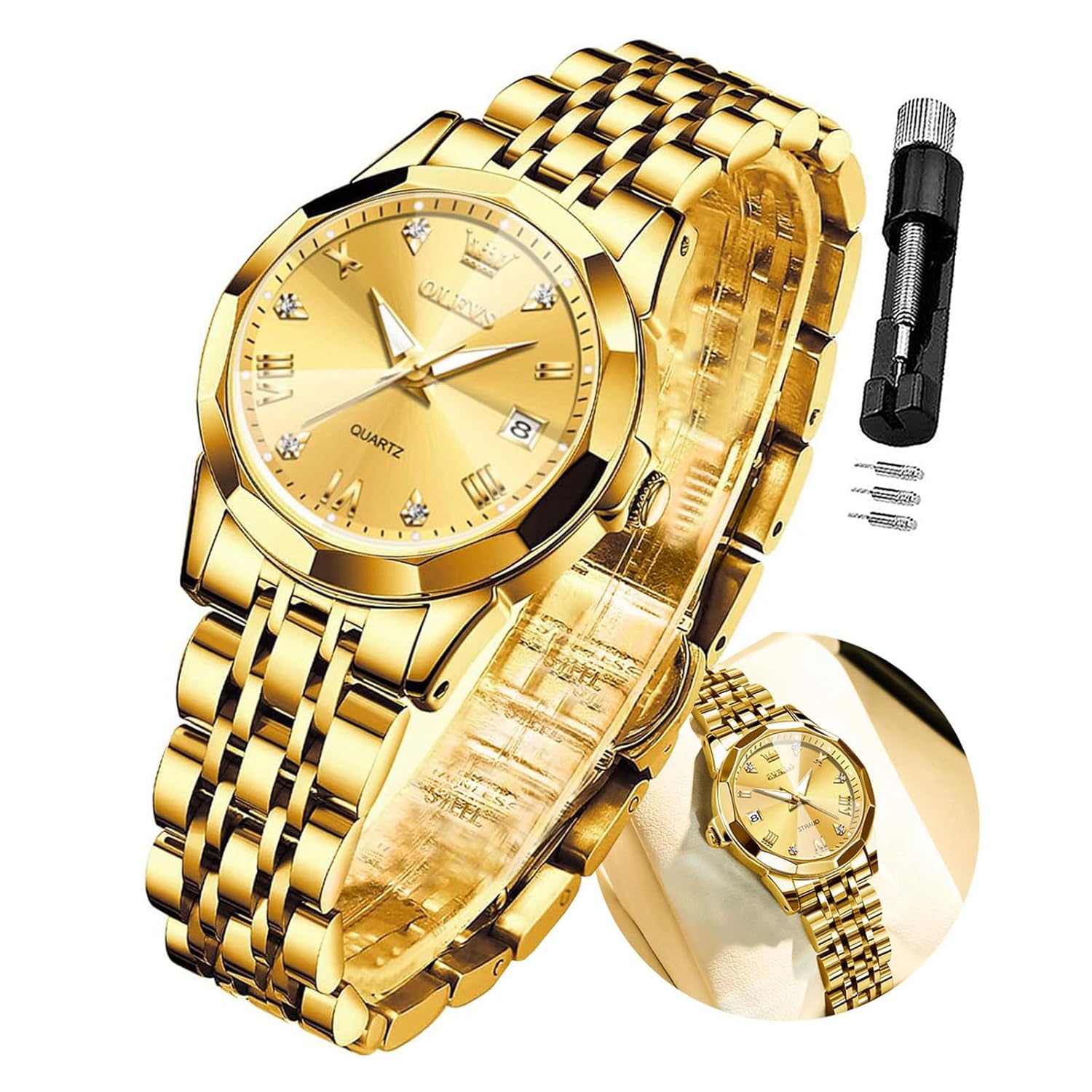 OLEVS Gold Watch for Women with Date Day Stainless Steel Waterproof Small Face Quartz Analog Ladies Watches Fashion Gold Black White Dial Female Wristwatch