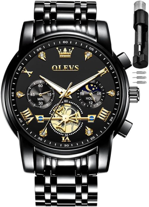 OLEVS Men Skeleton Watches Stainless Steel Analog Quartz Moon Phase Male Watch, Diamond Multi Calendar Chronograph Watch,Waterproof Wrist Watch for Men