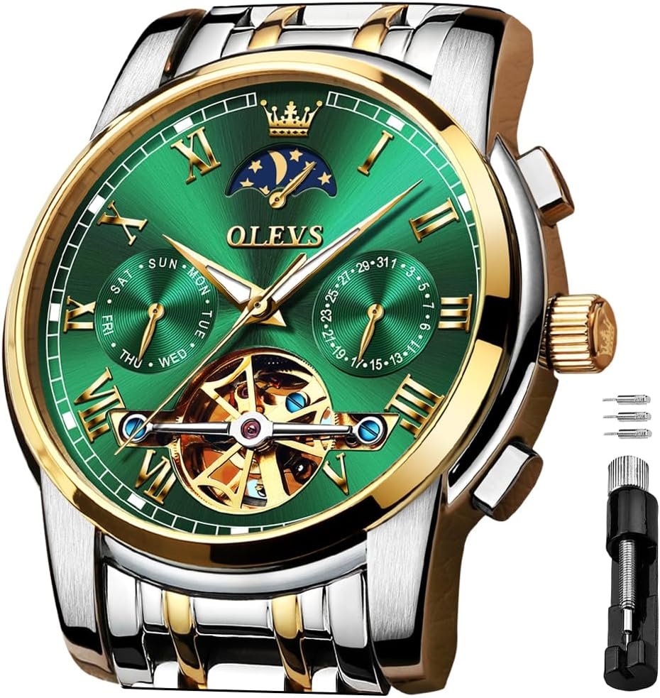 OLEVS Men’s Automatic Mechanical Watches Luxury Dress Waterproof Self Winding Moon Phase Chronograph Stainless Steel Luminous Date Tourbillon Wristwatch for Men