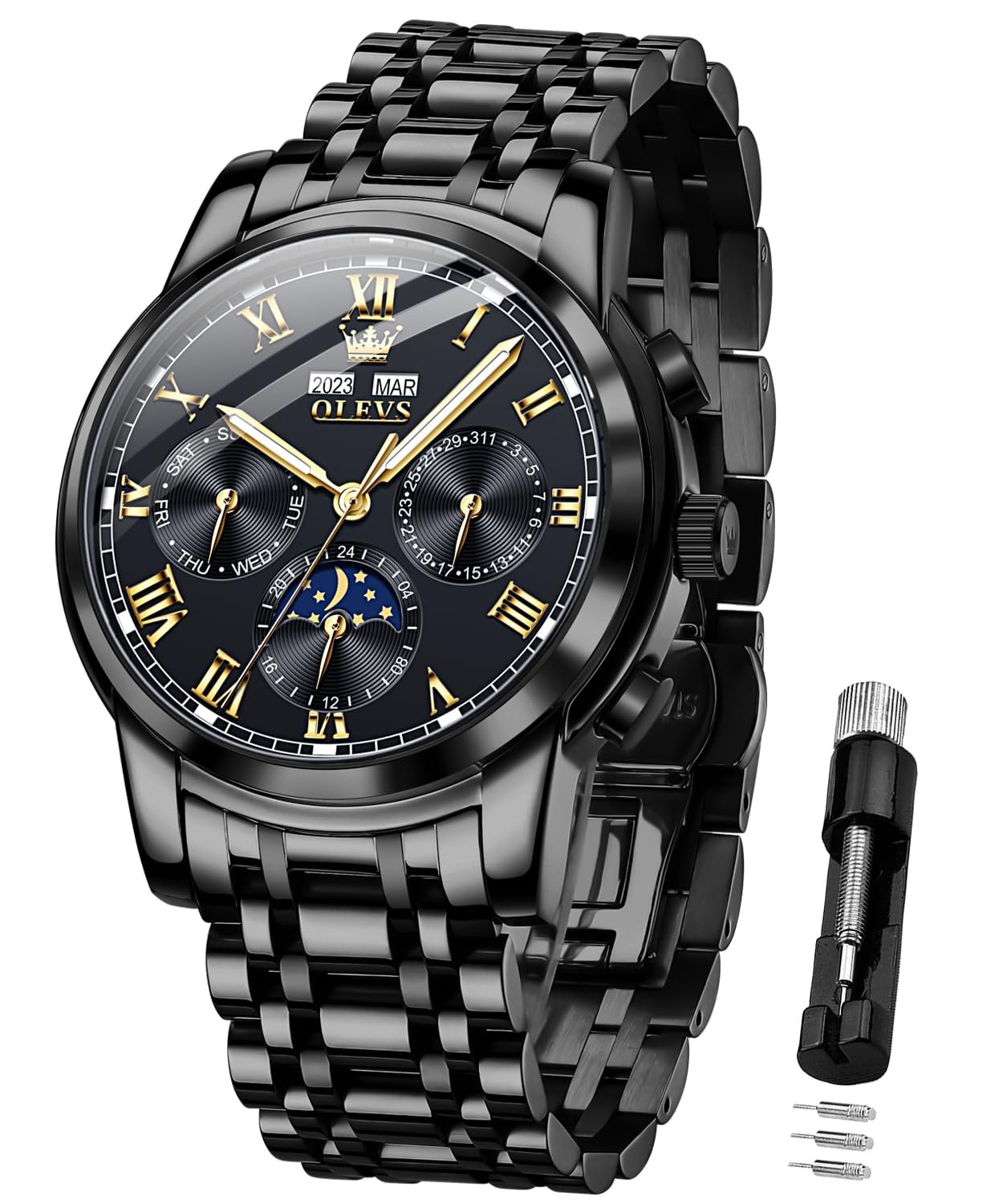 OLEVS Mens Automatic Watch Mechanical Self Winding Luxury Business Dress Moon Phase Stainless Steel Calendar Wrist Watches for Men Waterproof Luminous