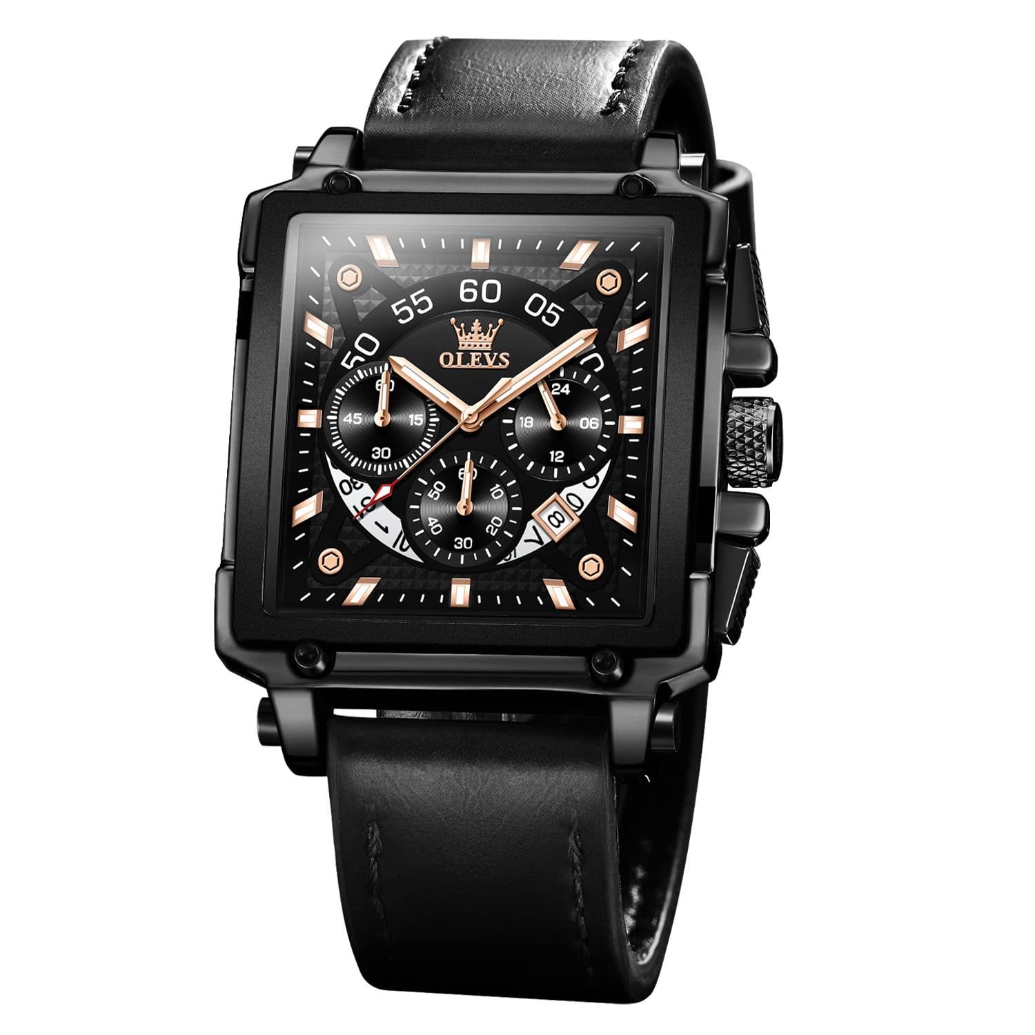 OLEVS Men’s Casual Leather Watch, Big Face Chronograph Watch for Men, Fashion Easy to Read Dress Watch, Men’s Waterproof Luminous Date Analog Watch, Gold/Black/White/Blue Dial