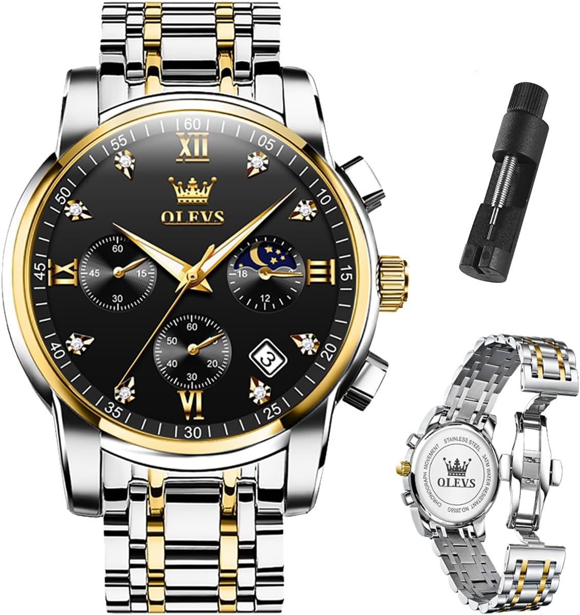 OLEVS Men’s Luxury Watch Waterproof Luminous Easy Read Chronograph Watches Full Gold/White Dail/Black Face with Calendar Wristwatch