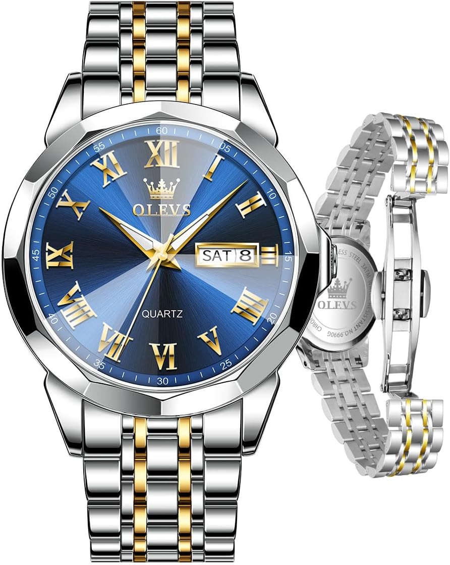 OLEVS Mens Watch, Dress Stainless Steel Analog Quartz Watches for Men with Day Date, Silver Gold Silver Waterproof Luxury Two Tone Casual Big Face Large Silver/Blue/Grey Roman…
