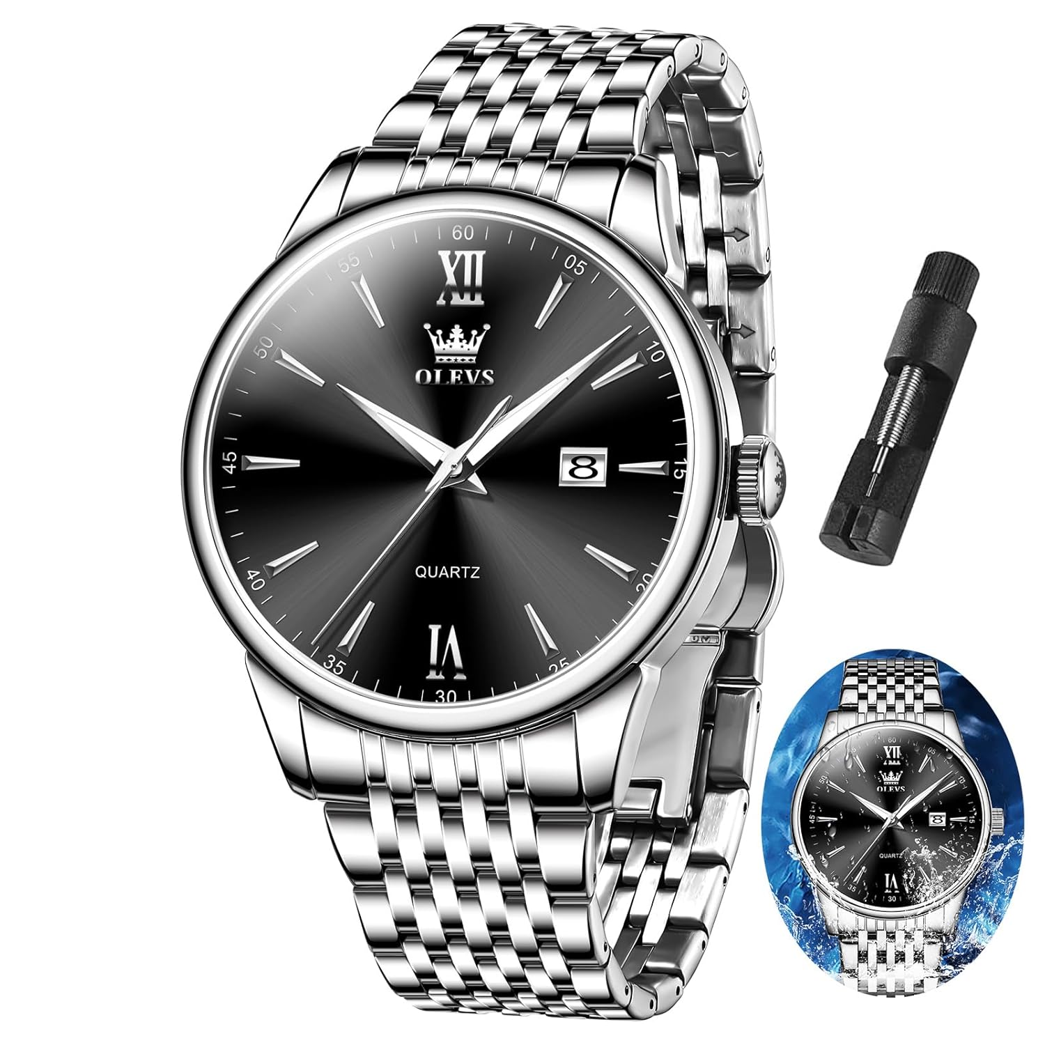 OLEVS Mens Watch Stainless Steel Analog Quartz Watches for Men Day Date Easy Read Diamond Waterproof Dress Luxury Classic Casual Big Face Blue/Black/Gold/Silver Roman Arabic...