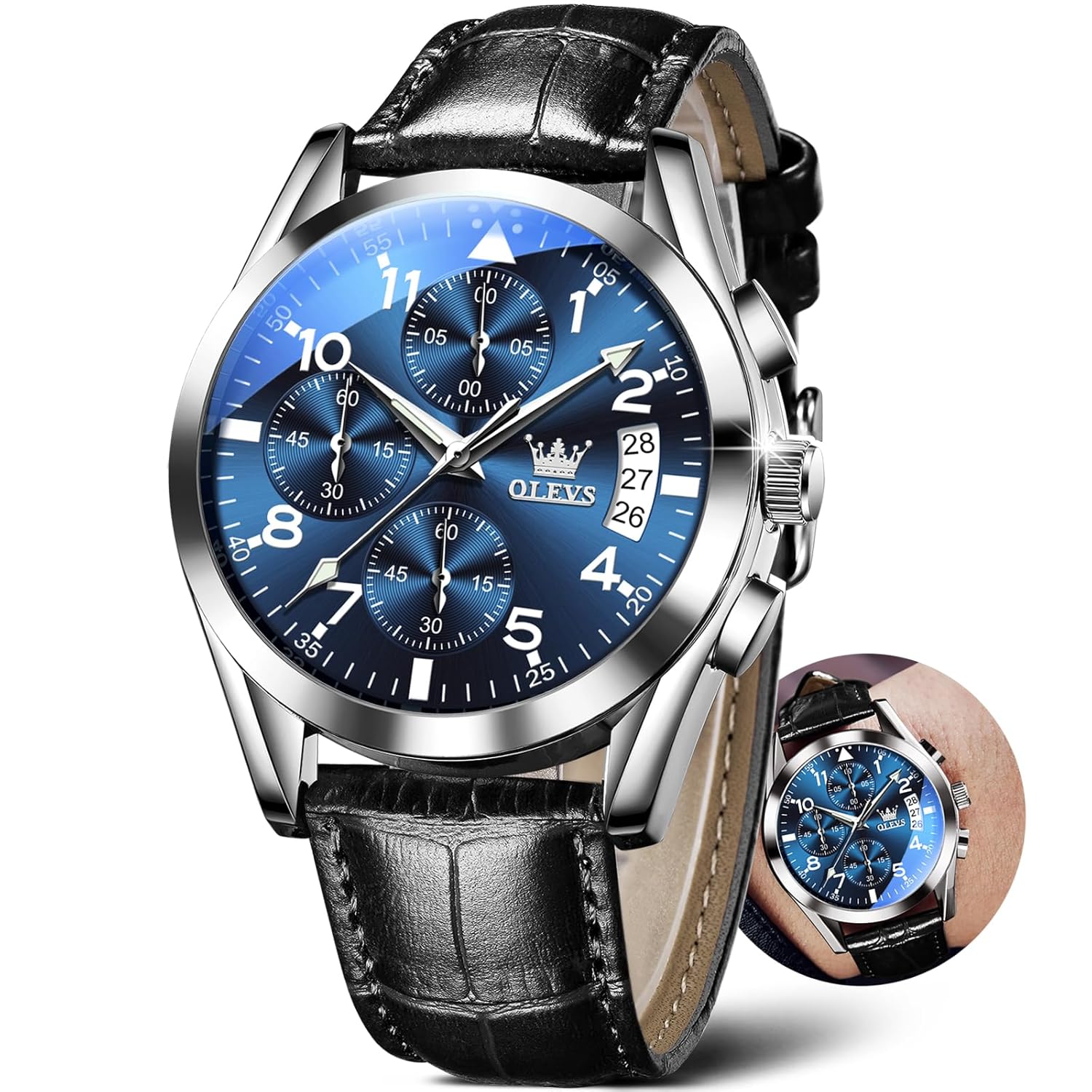 OLEVS Men’s Watches Brown Leather with Date,Casual Watches for Men,Large Face Watches Men,Chronograph Mens Watch,Sport Waterproof Business Dress Analog Quartz Men’s Wrist…
