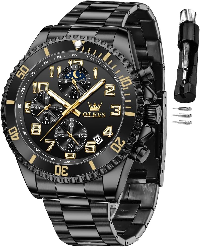 OLEVS Mens Watches Chronograph Luxury Dress Moon Phase Two Tone Stainless Steel Waterproof Luminous Business Calendar Wrist Watch