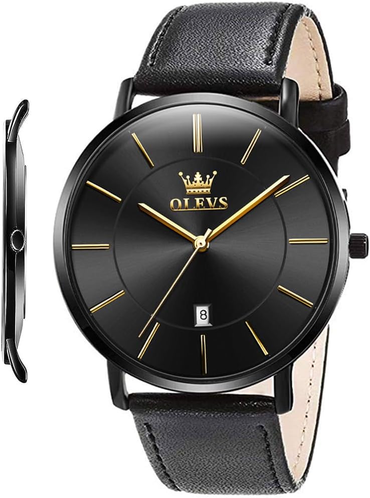 OLEVS Mens Watches Minimalist Ultra Thin Fashion Casual Analog Quartz Date Watch Waterproof Slim Simple Big Face Dress Wrist Watch with Retro Leather Band for Men