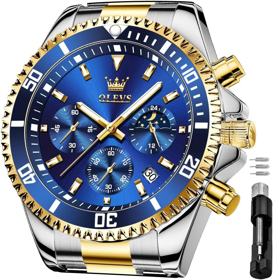 OLEVS Men’s Waterproof Watches Stainless Steel Waterproof Chronograph Wrist Watches Luxury Dress White Luminous Big Face Analog Quartz Male Watches