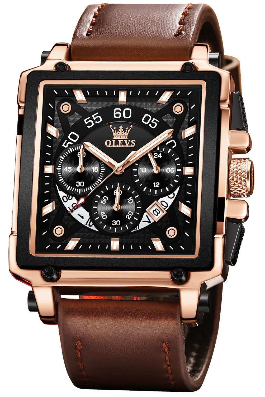 OLEVS Square Watches for Men Brown Leather Chronograph Fashion Business Watch Luminous Waterproof Casual Wrist Watches