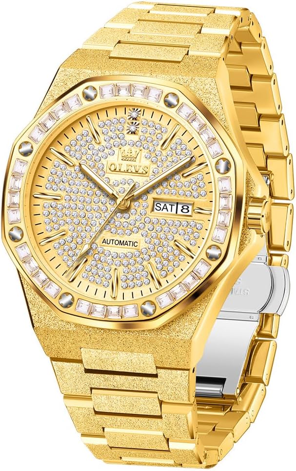 OLEVS Watch for Men Automatic Wristwatch Crystal Diamond Luminous Hands with 3ATM Waterproof Luxury Textured Bracelet Date Display