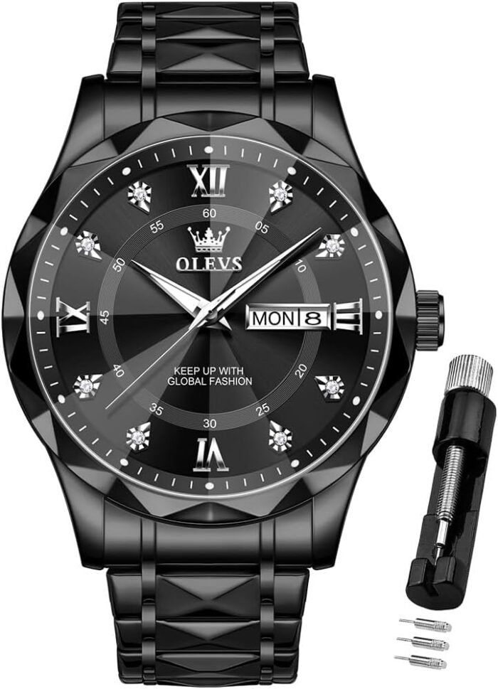 OLEVS Watches for Men Luxury Diamond Casual Large Dial Watches Stainless Steel Waterproof Business Dress Analog Luminous Date Mens Watches