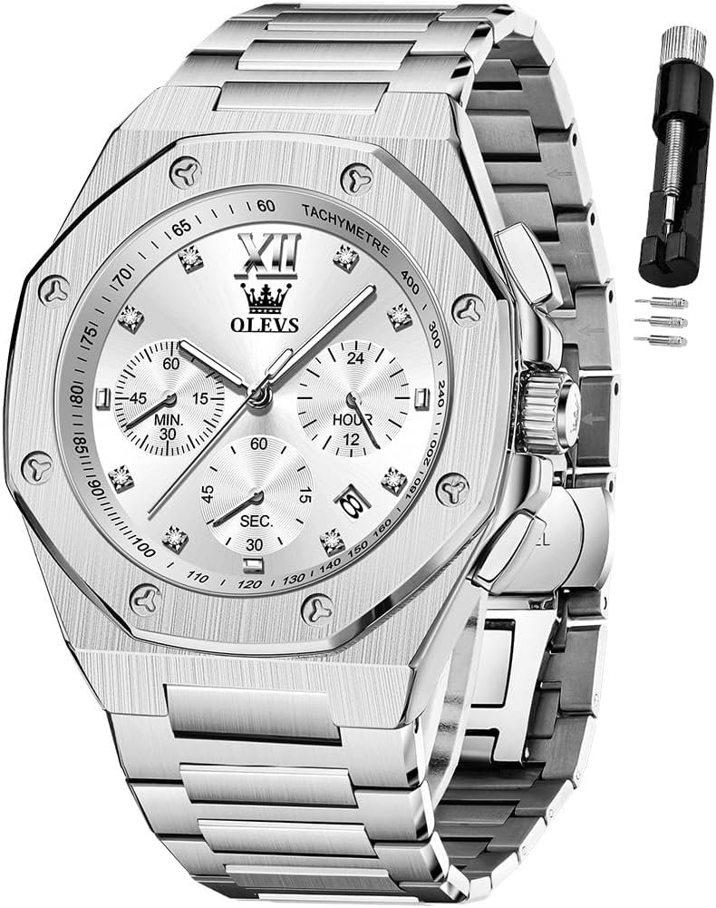 OLEVS Watches for Men Stainless Steel Business Dress Large Easy to Read Analog Watch Waterproof Luminous Casual Luxury Men Watch