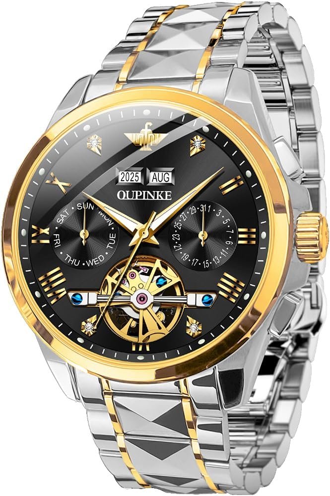 OUPINKE Mens Watches Skeleton Automatic Mechanical Premium with Calendar Sapphire Crystal Tungsten Steel Waterproof Wrist Watch
